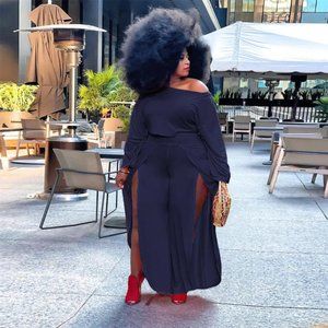 Plus Size Women Solid Color Off-Shoulder Long Sleeve Blouse And Slit Pants Set